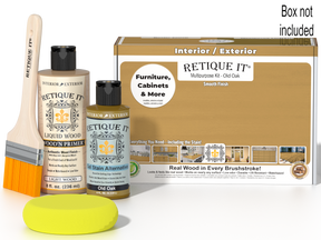 Retique It® Multi-purpose Smooth Finish Kit in Old Oak wood tone, featuring a wooden box and finishing tools for wood projects.