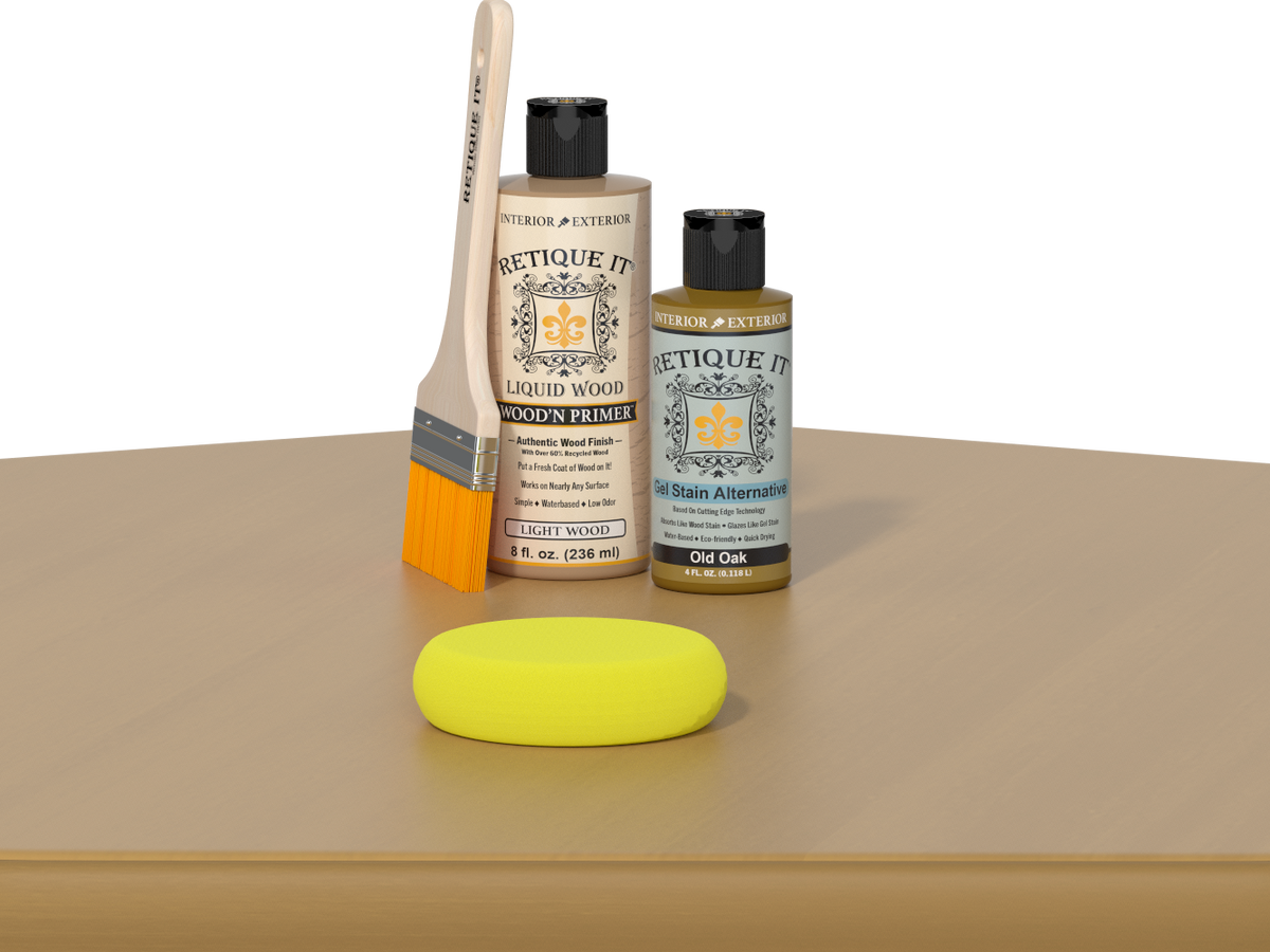 Retique It® Wood'n Finish Kit in Old Oak for multi-purpose wood finishing, featuring smooth finish application on a table surface.