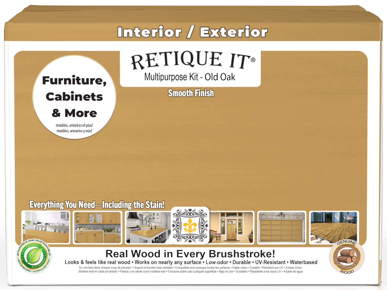 Retique It® wood finish kit with four large Old Oak wood stain bottles and applicator tools in a box.