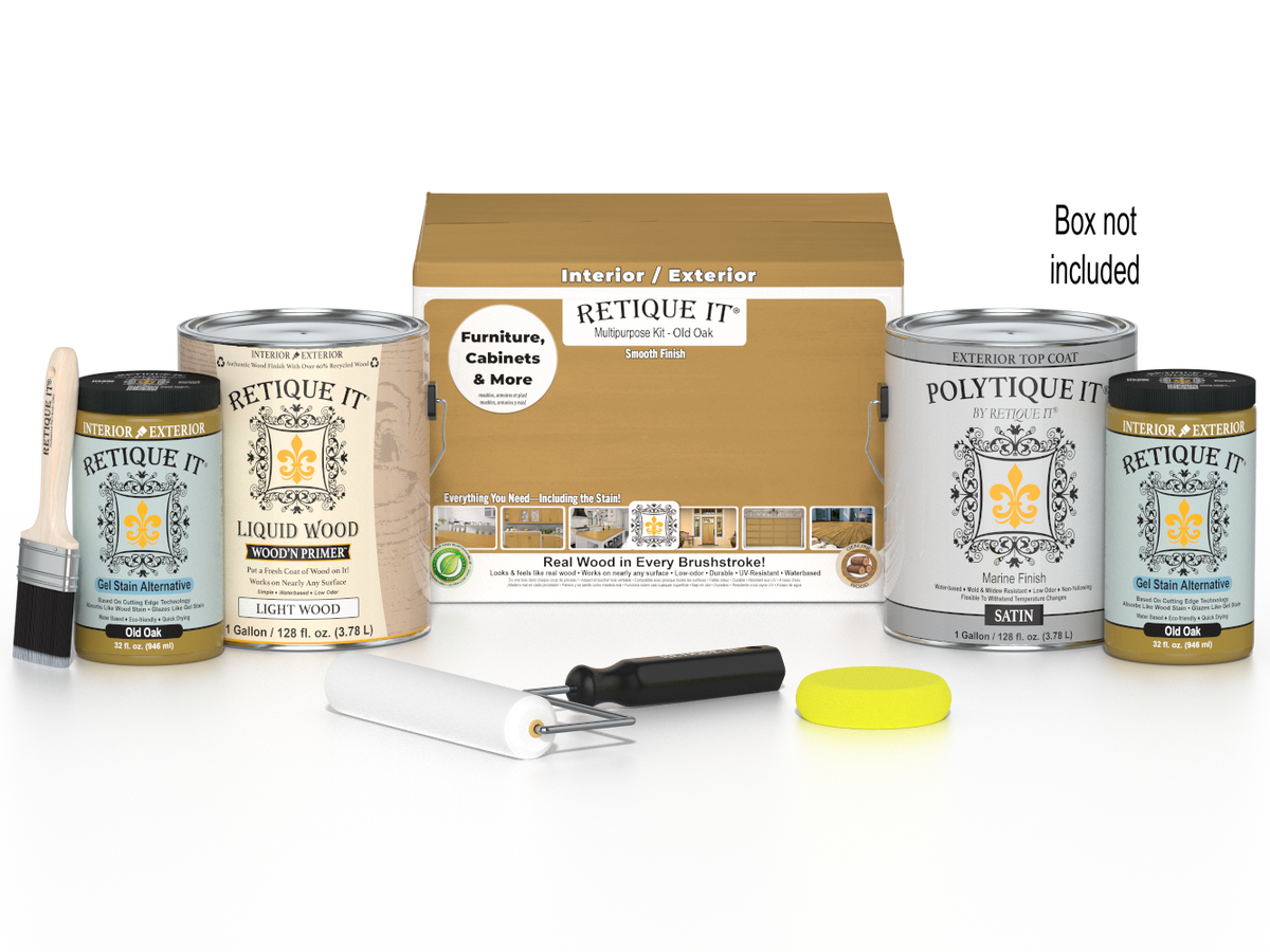 Retique It Multi-purpose Smooth Finish Kit for exterior wood in Old Oak, includes four large top coat bottles with application tools.