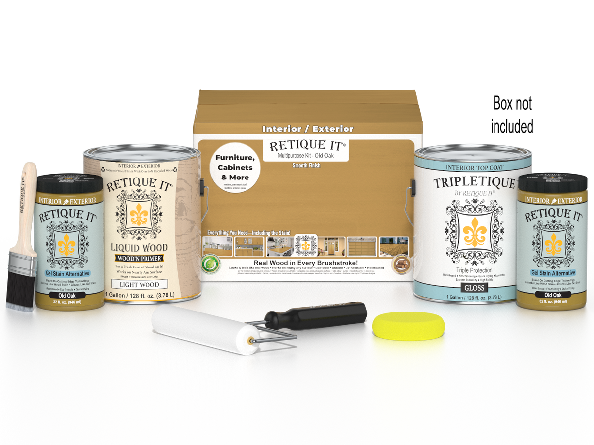 Retique It Multi-purpose Smooth Finish Kit in Old Oak for interior wood projects, includes four large top coat bottles.