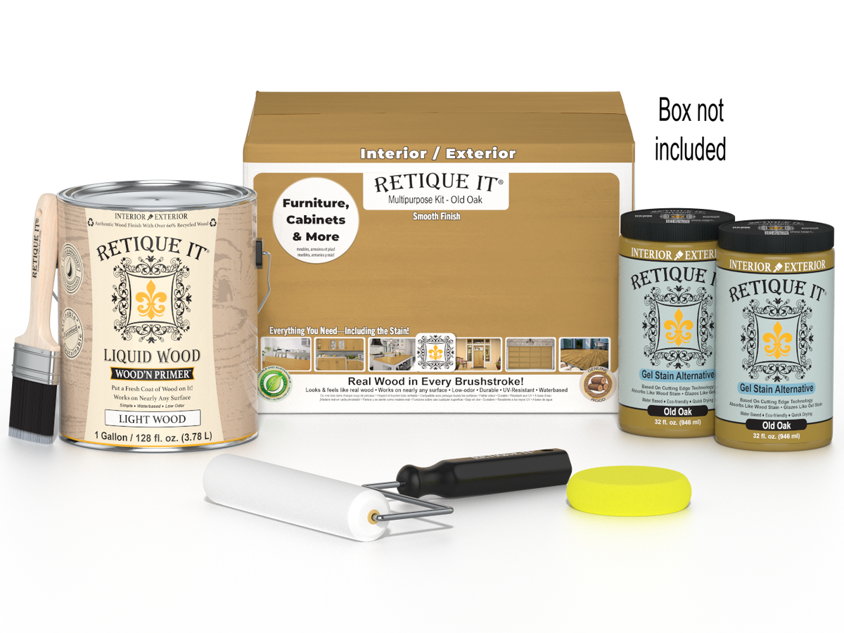 Retique It® Multi-purpose Smooth Finish Kit in Old Oak, large size with wood finish tools and supplies for wood furniture finishing.