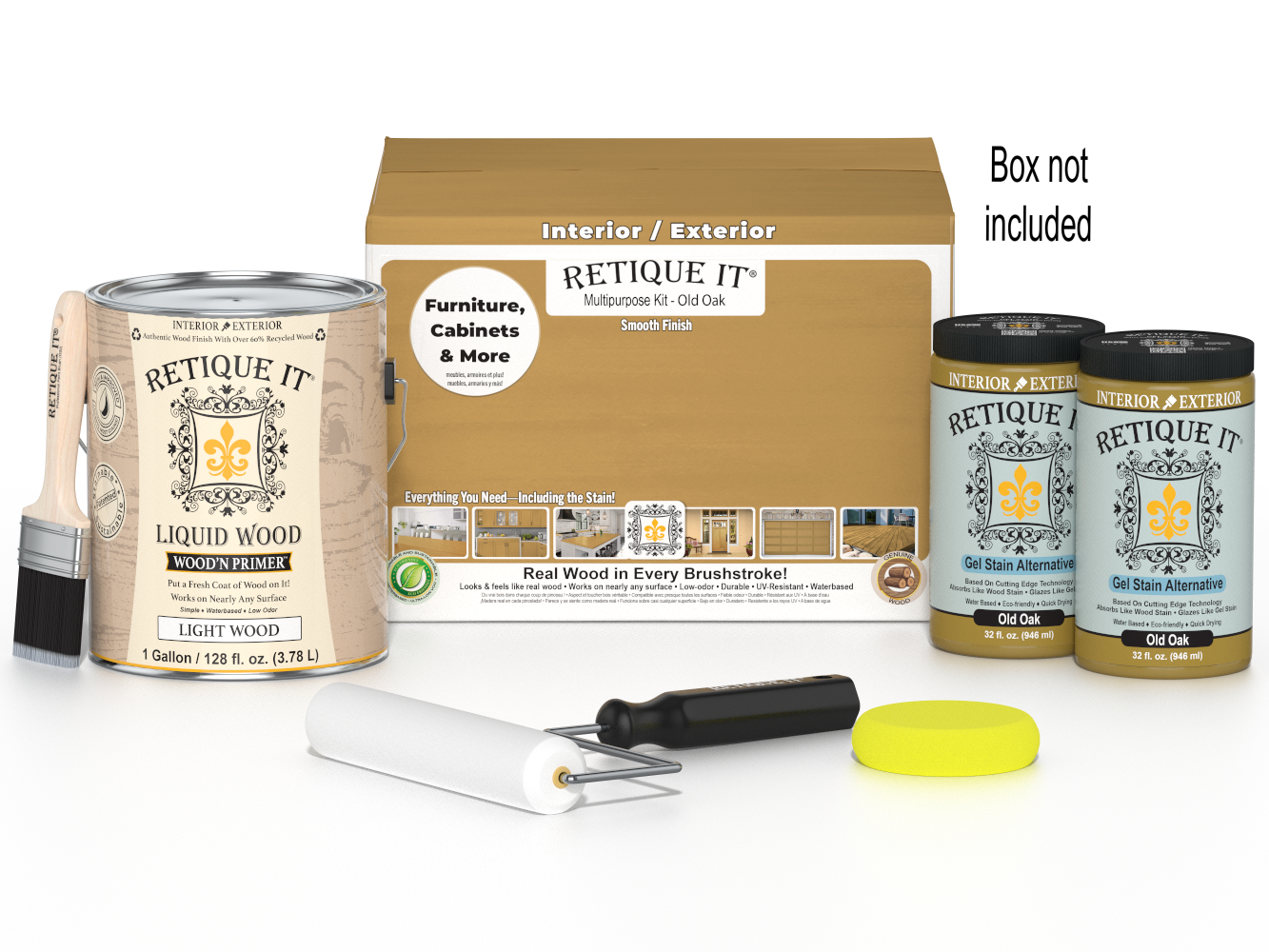 Retique It® Multi-purpose Smooth Finish Kit in Old Oak, large size with wood finish tools and supplies for wood furniture finishing.