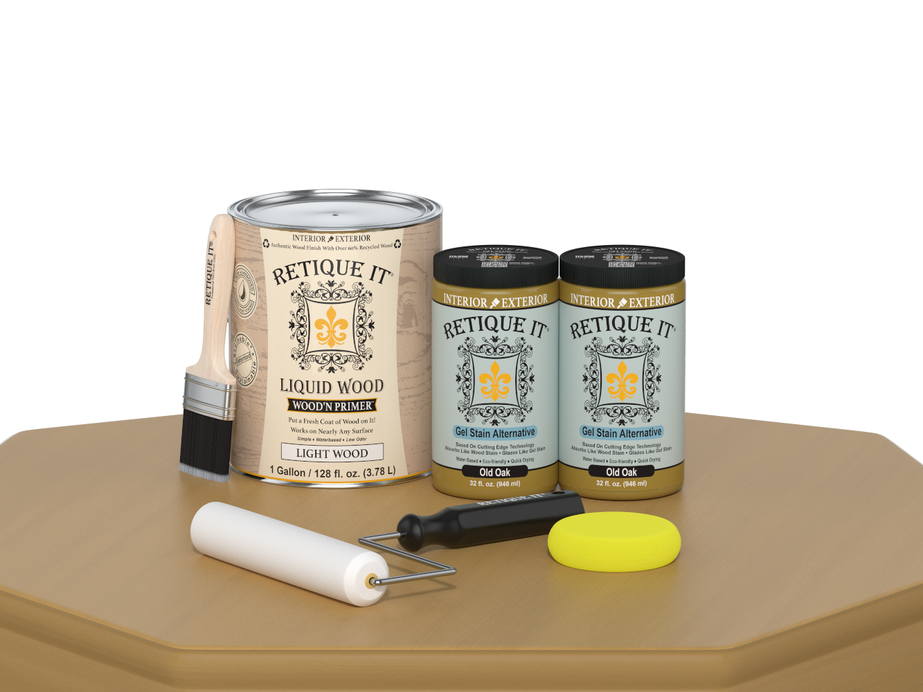 Retique It® wood finish kit featuring four large Old Oak color smooth finish samples for furniture and woodworking projects.