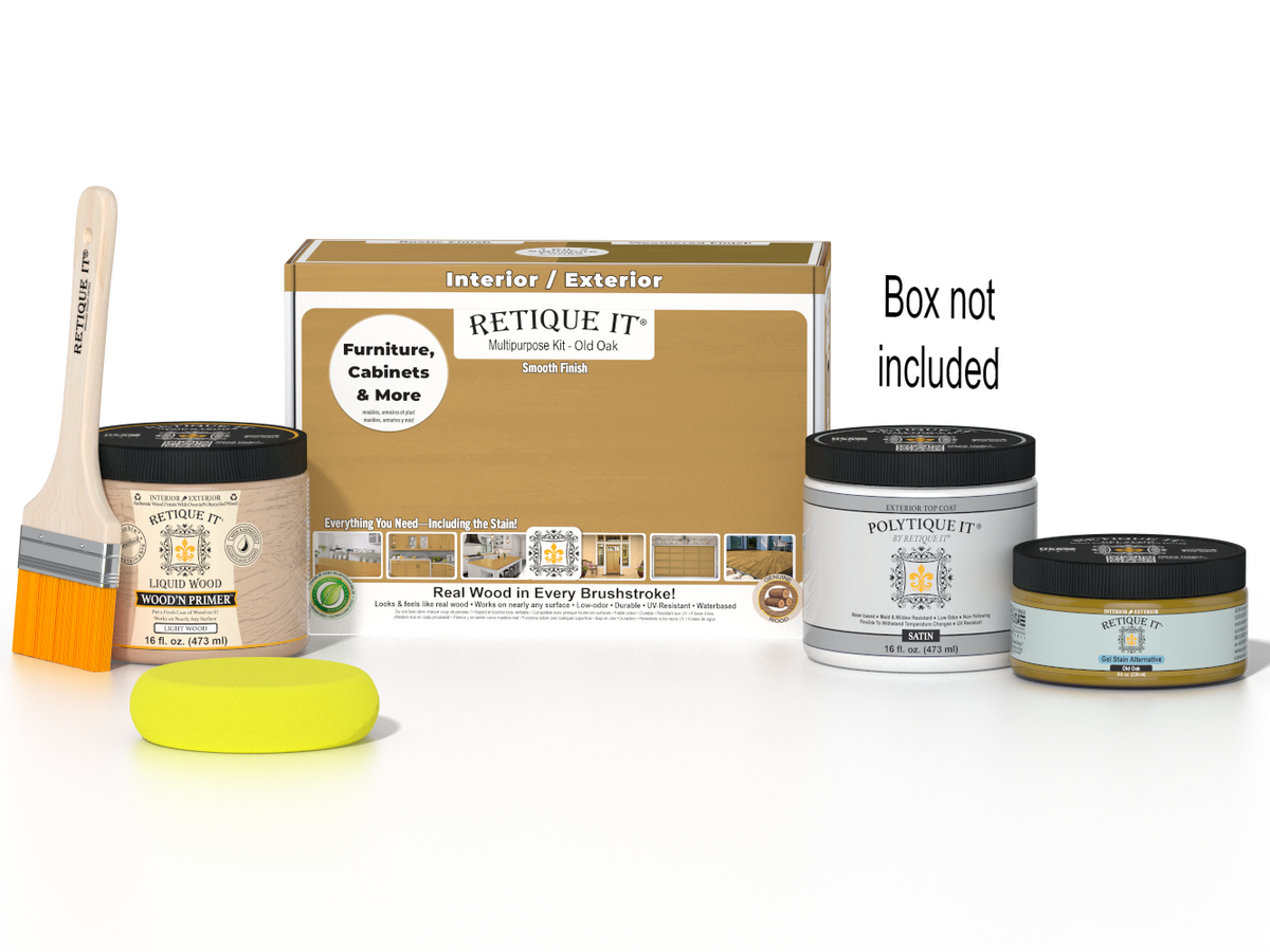 Retique It Multi-purpose Smooth Finish Kit in Old Oak for exterior wood surfaces, includes top coat and application tools.
