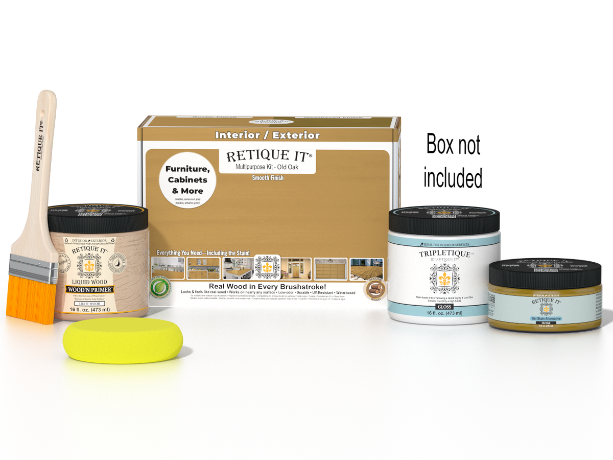 Retique It Multi-purpose Smooth Finish Kit in Old Oak for interior wood projects, includes gloss top coat and application tools.