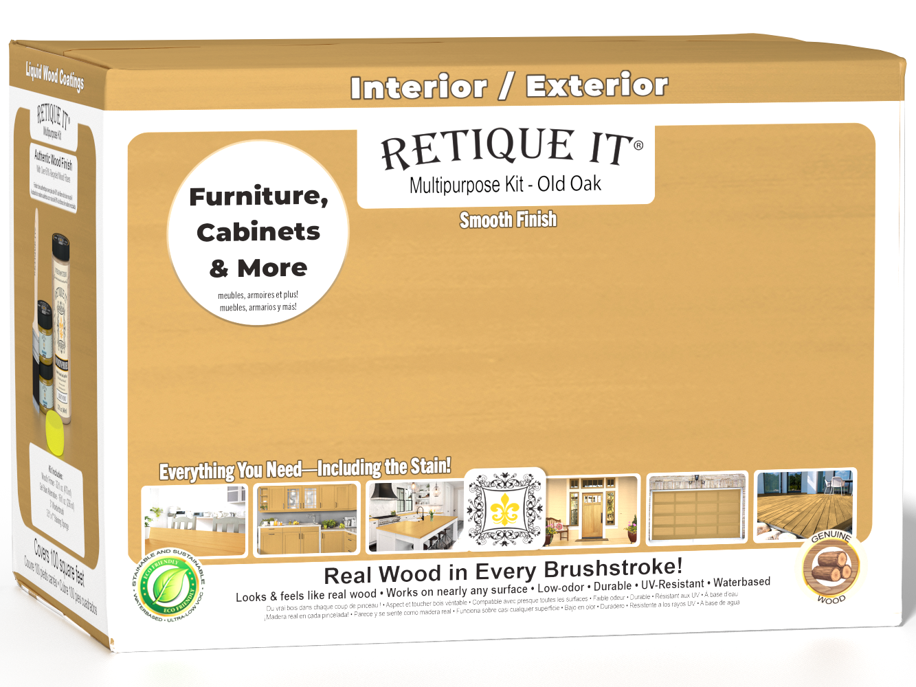 Retique It® Multi-purpose Smooth Finish Kit (Large) in Old Oak for interior wood top coat with a matte finish, shown in the box.