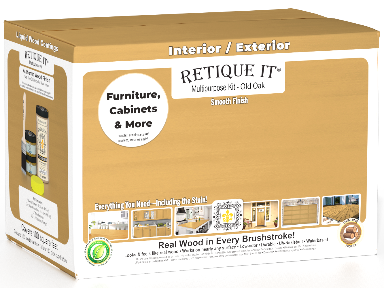 Retique It® Multi-purpose Smooth Finish Kit (Large) in Old Oak for interior top coat with a matte finish, featuring wood and finish components.