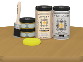 Retique It® Multi-purpose Smooth Finish Kit in Old Oak with satin exterior top coat, large size, shown with wood surface.