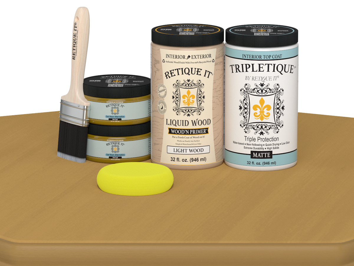 Retique It® Large Multi-purpose Smooth Finish Kit in Old Oak with satin top coat, shown with wood surface and application tools.