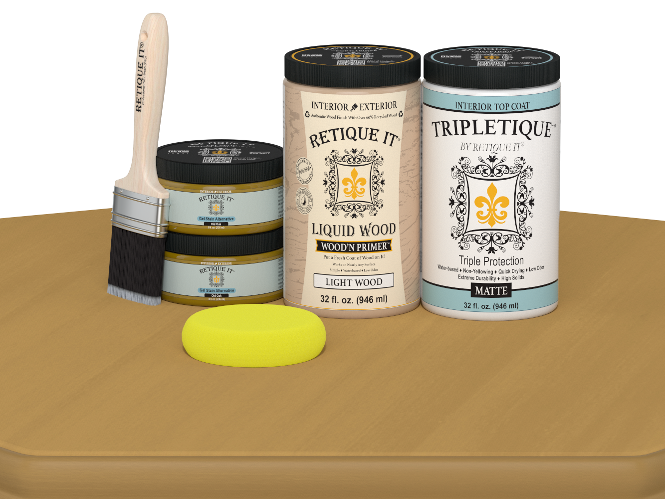 Retique It® Large Multi-purpose Smooth Finish Kit in Old Oak with satin top coat, shown with wood surface and application tools.