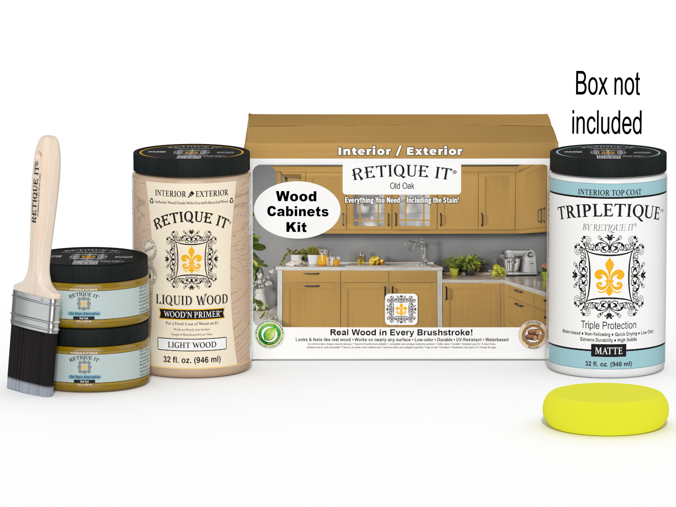 Retique It Wood'n Cabinet Kit in Old Oak stain with 12 smooth cabinet doors, shown with box packaging and stain application.
