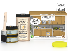 Retique It® Wood'n Cabinet Kit with 12 smooth Old Oak stained cabinet doors, shown with packaging and tools.