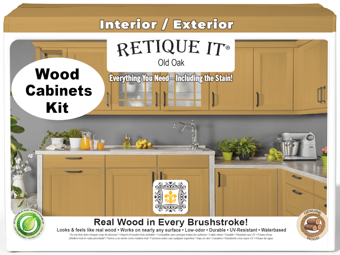 Wood'n Cabinet Kit with 24 smooth doors in Old Oak stain by Retique It®, shown on front view of kitchen cabinets.
