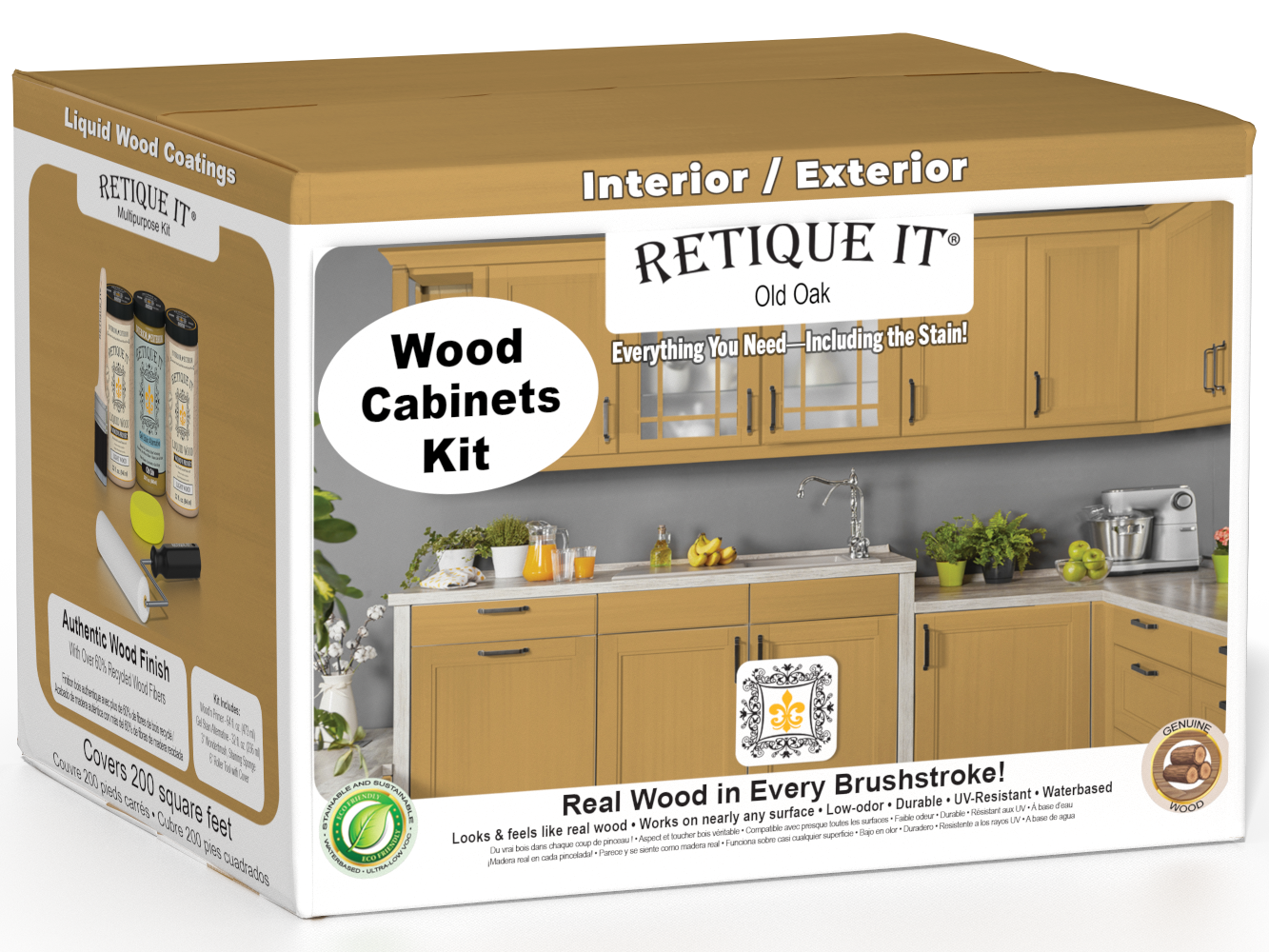 Retique It® Wood'n Cabinet Kit with 24 smooth Old Oak stained cabinet doors, showcasing natural wood grain and finish.