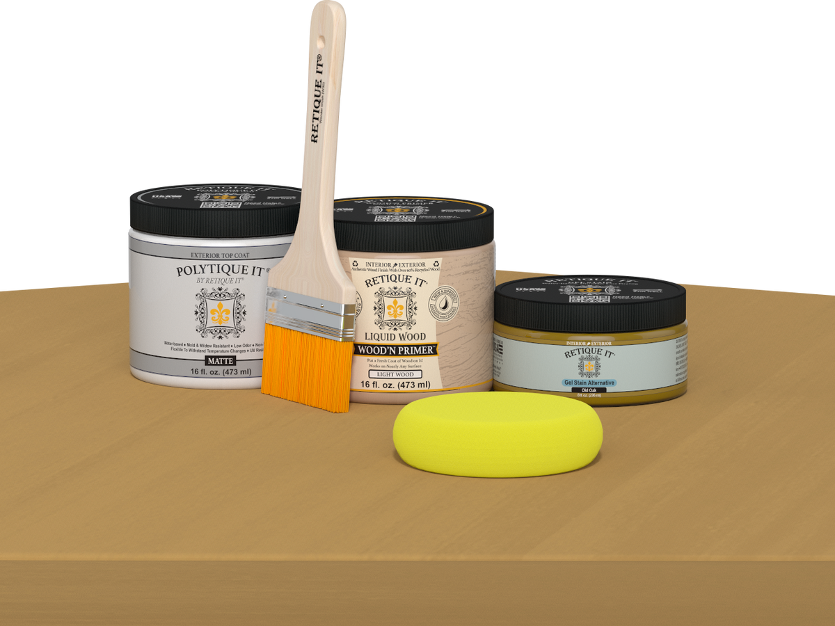 Retique It® Multi-purpose Smooth Finish Kit in Old Oak for exterior wood, satin top coat with matte table surface image.