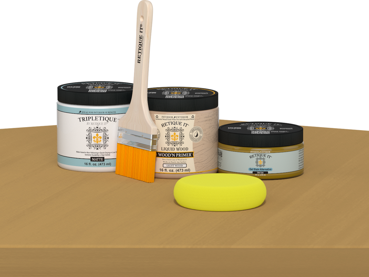 Retique It® Multi-purpose Smooth Finish Kit in Old Oak for interior wood projects, featuring satin top coat and matte table application.