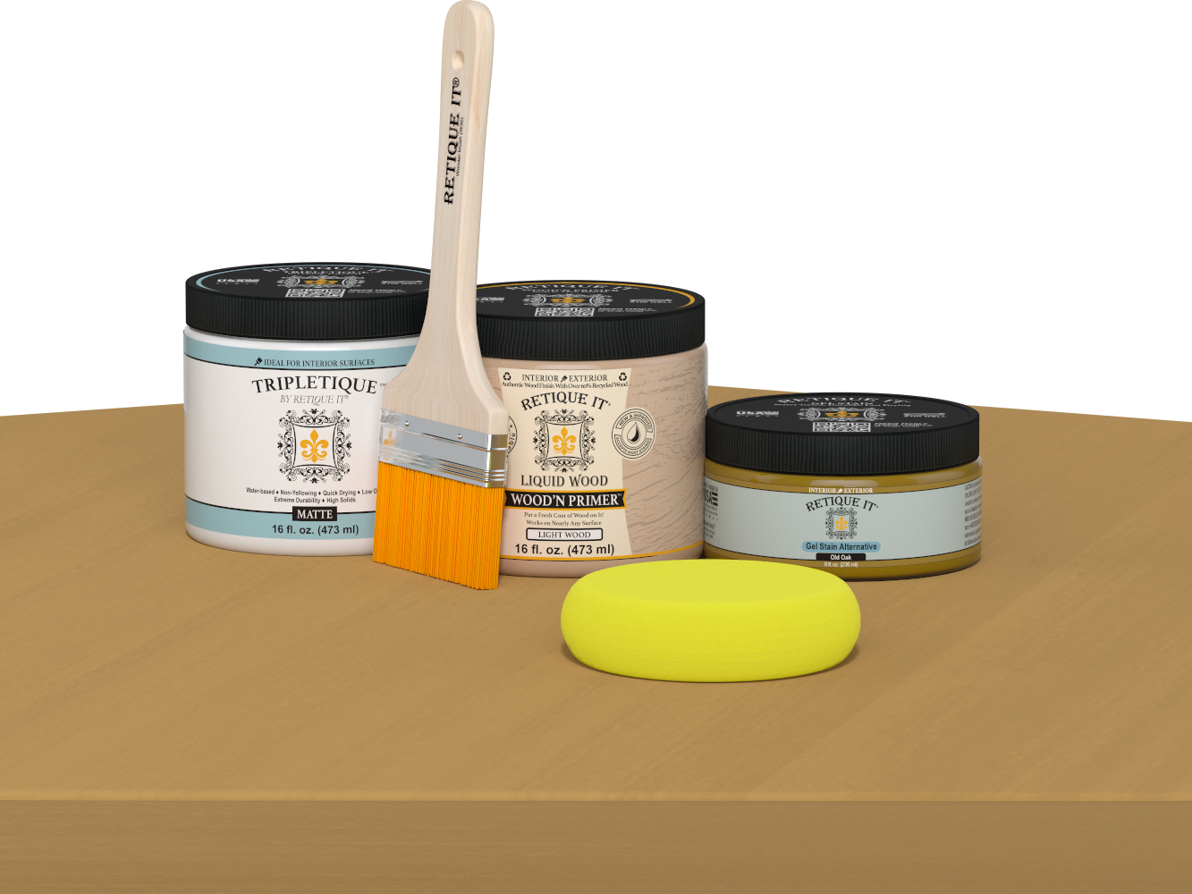 Retique It® Multi-purpose Smooth Finish Kit in Old Oak for interior wood projects, with matte top coat and application tools.