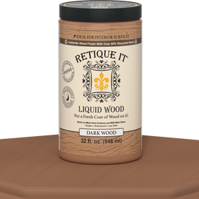 Retique It® Liquid Wood Dark 32oz interior paint on table, showcasing the dark wood finish for furniture and interior projects.