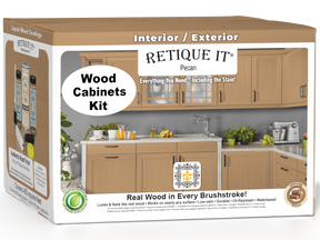 Retique It® Wood'n Cabinet Kit in Pecan with 48 smooth doors, stain for wood cabinets, shown in box with cabinet images.