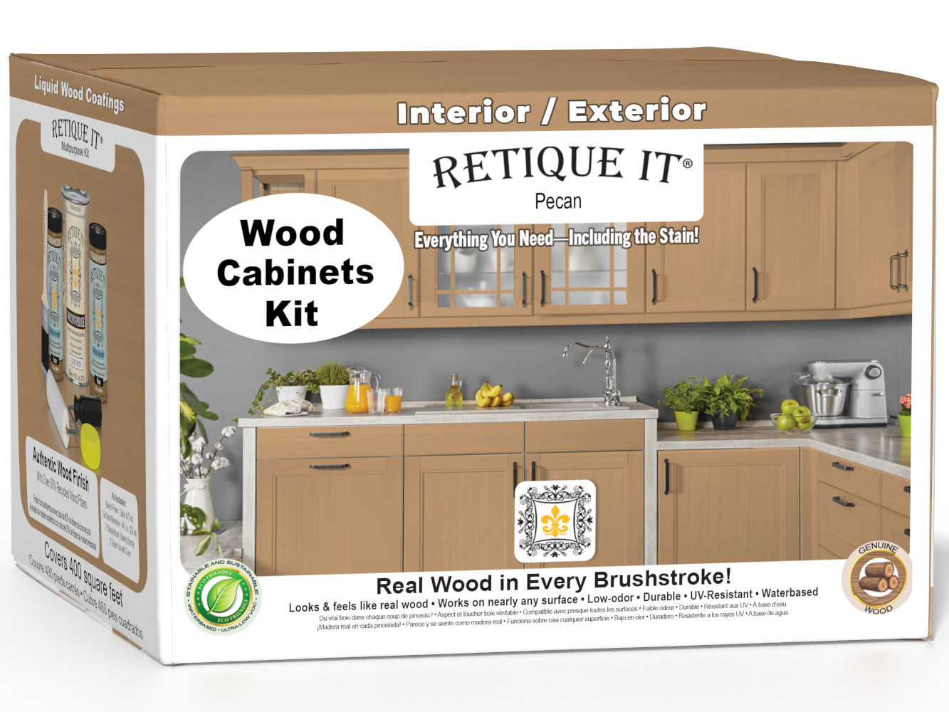 Retique It® Wood'n Cabinet Kit in Pecan with 48 smooth doors, designed for staining and cabinet finishing.