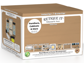 Retique It® wood finish kit with four large Pecan-colored wood stain and topcoat bottles for multi-purpose finishing projects.