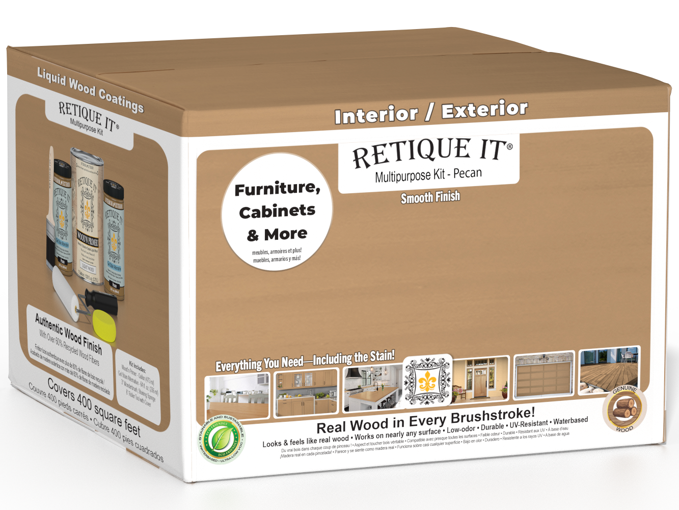 Retique It® Multi-purpose Smooth Finish Kit in Pecan, 4-piece wood finishing set with smooth, natural wood tone appearance.