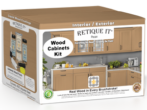 Retique It® Wood'n Cabinet Kit with 48 smooth pecan stained cabinet doors, showcasing natural wood grain and finish.