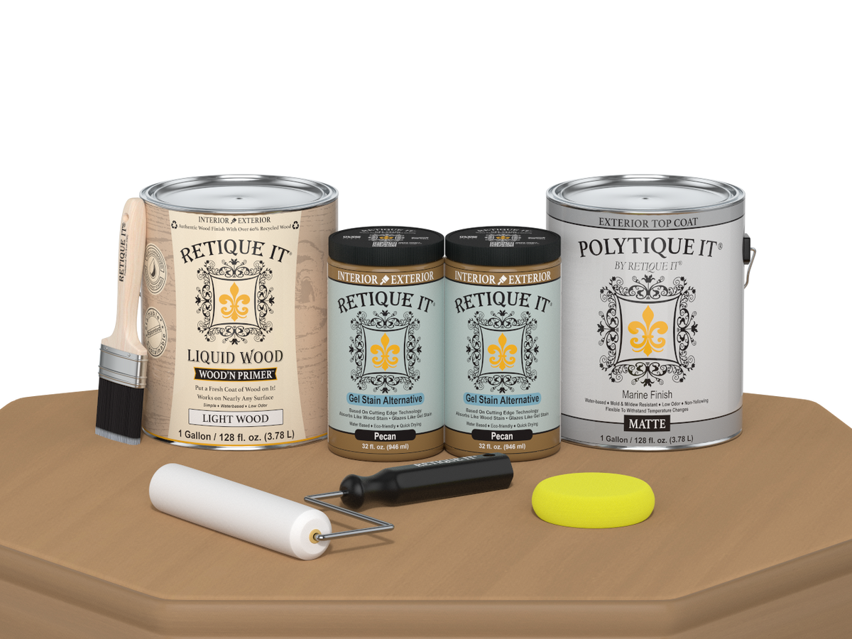 Retique It® Wood'n Finish Kit with four large Pecan exterior top coat bottles, smooth matte finish for wood surfaces.