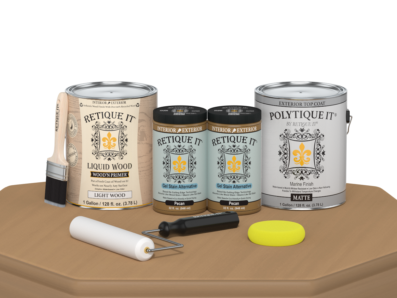 Retique It® Wood'n Finish Kit with four large Pecan exterior top coat bottles, smooth matte finish for wood surfaces.