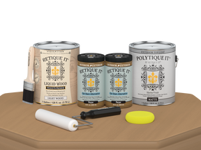 Retique It® Wood'n Finish Kit with four large Pecan exterior top coat bottles, smooth matte finish for wood surfaces.