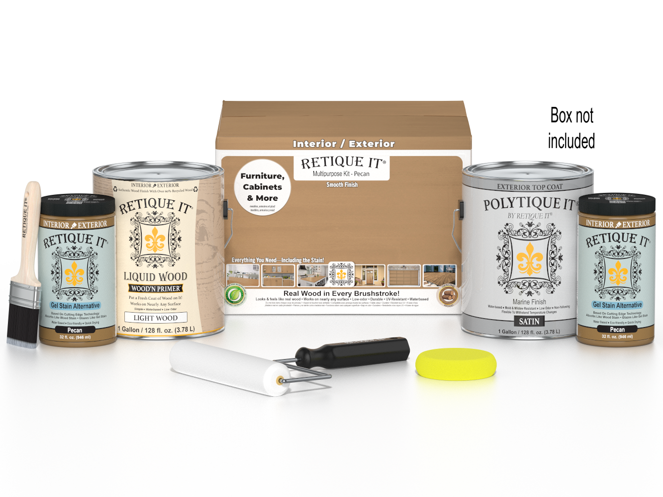 Retique It® wood finish kit with four large Pecan exterior top coats in matte smooth finish, suitable for wood projects.