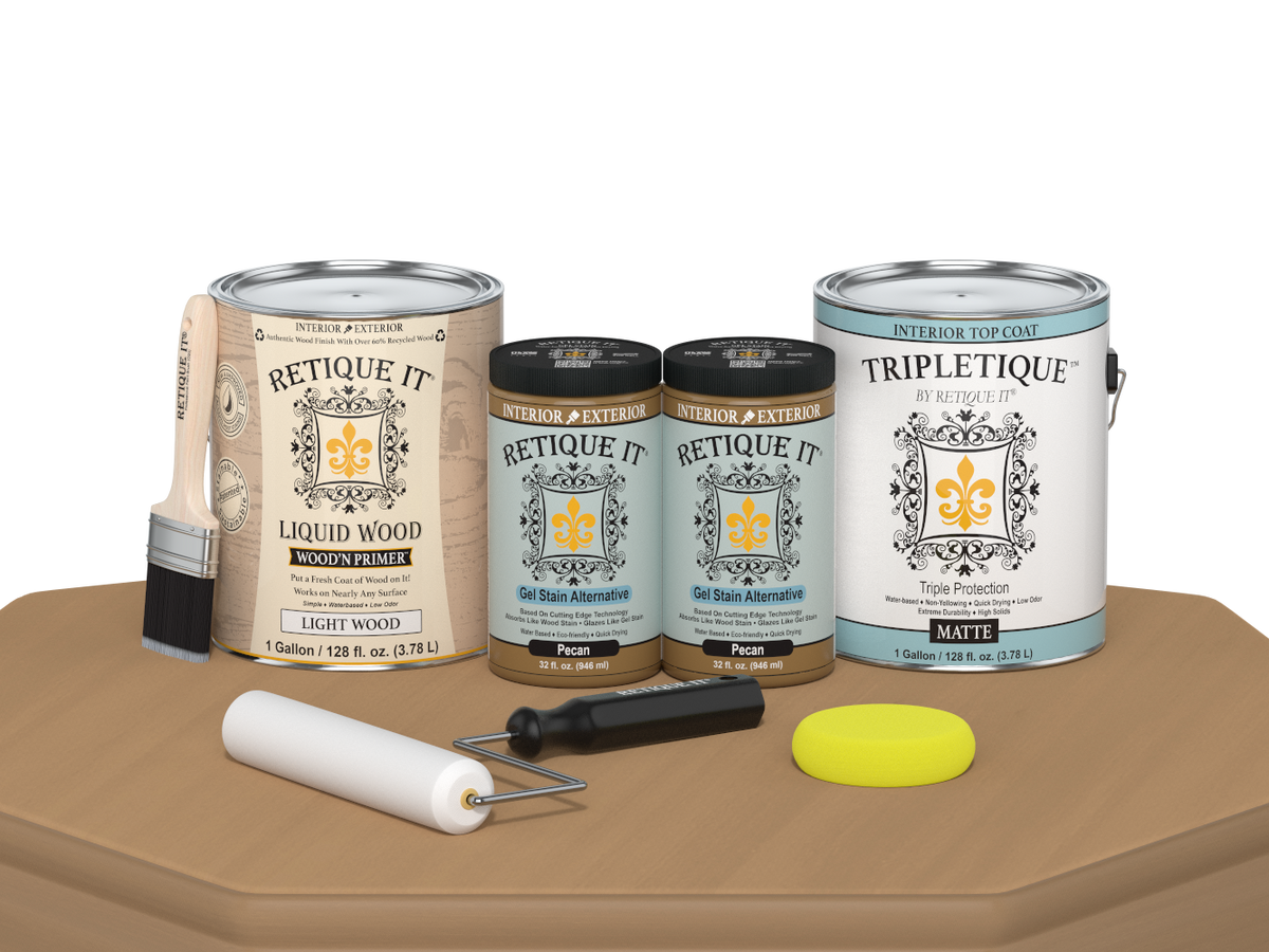 Retique It® Multi-purpose Smooth Finish Kit in Pecan with satin top coat, includes four large wood finishing tools.