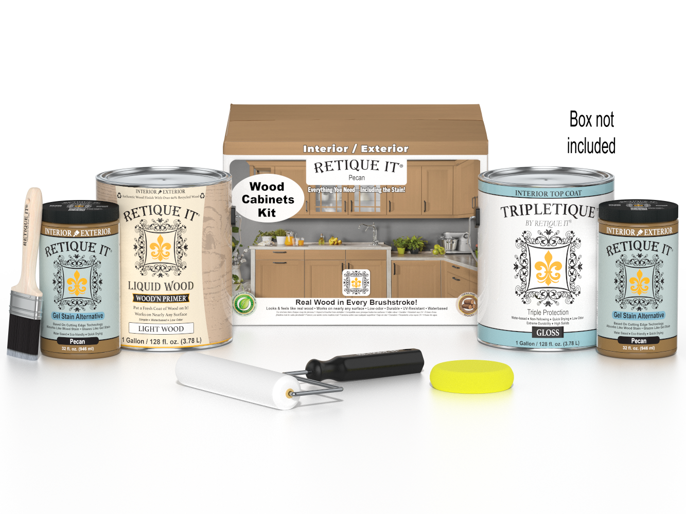 Retique It® Wood'n Cabinet Kit with 48 smooth Pecan-stained cabinet doors, showcasing natural wood grain and finish.