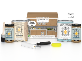 Retique It® Wood'n Cabinet Kit with 48 smooth pecan stained cabinet doors and box components, showcasing the finished wood grain.