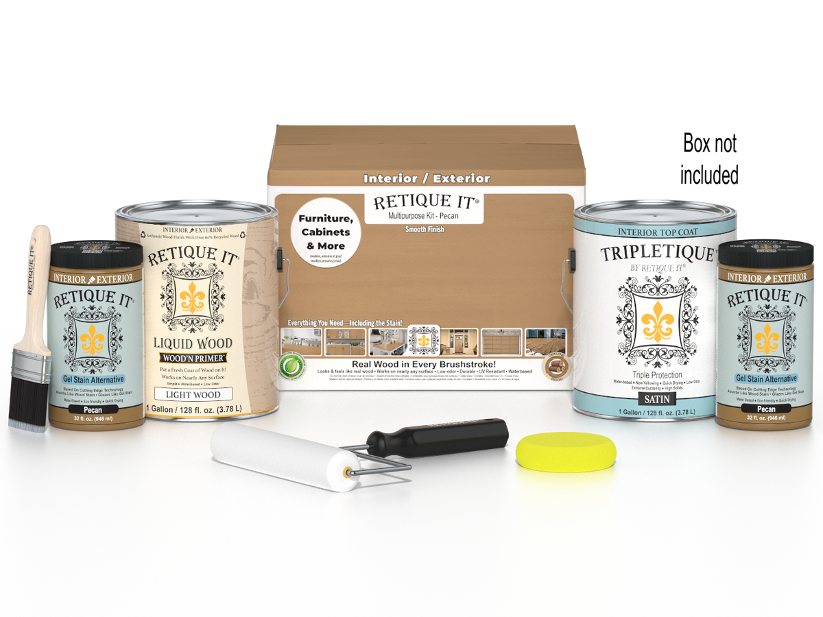 Retique It multi-purpose wood finish kit with four large pecan-colored interior top coat bottles and applicator tools.