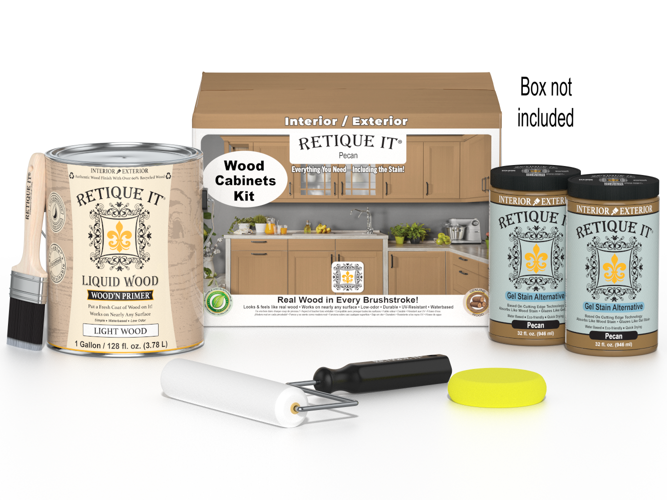 Retique It® Wood'n Cabinet Kit with 48 smooth, pecan-stained cabinet doors for home renovation or kitchen updates.