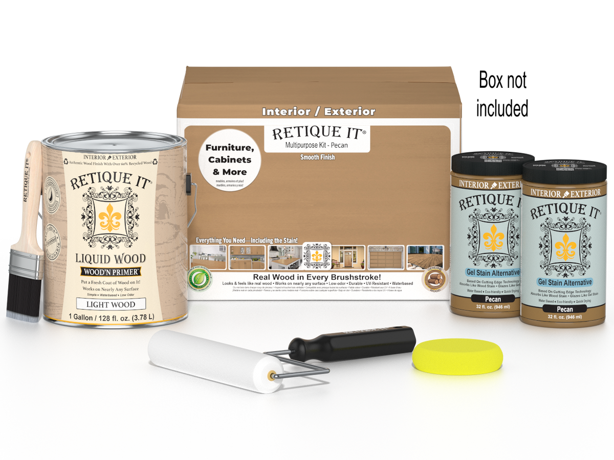 Retique It® Multi-purpose Smooth Finish Kit in Pecan with four large wood finish containers and applicator tools.