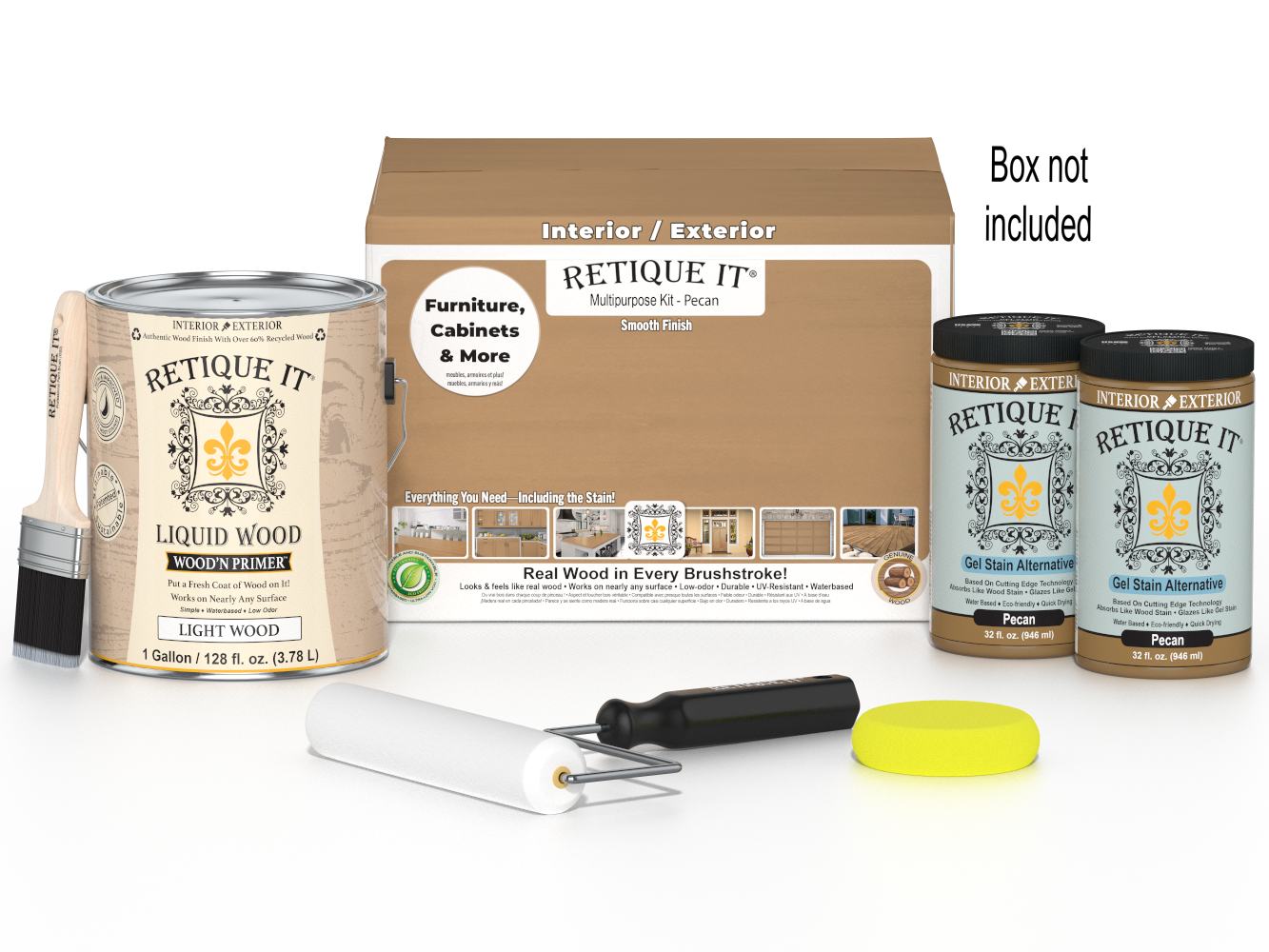 Retique It® Multi-purpose Smooth Finish Kit in Pecan with four large wood finish containers and applicator tools.