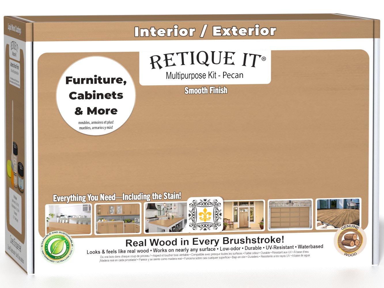 Retique It® Multi-purpose Smooth Finish Kit in Pecan for wood finishing, shown in a box with application tools and product details.