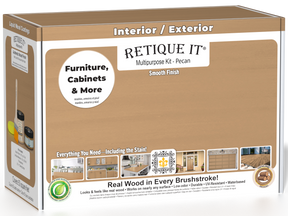 Retique It® Multi-purpose Smooth Finish Kit in Pecan for exterior wood, includes top coat and matte finish components.