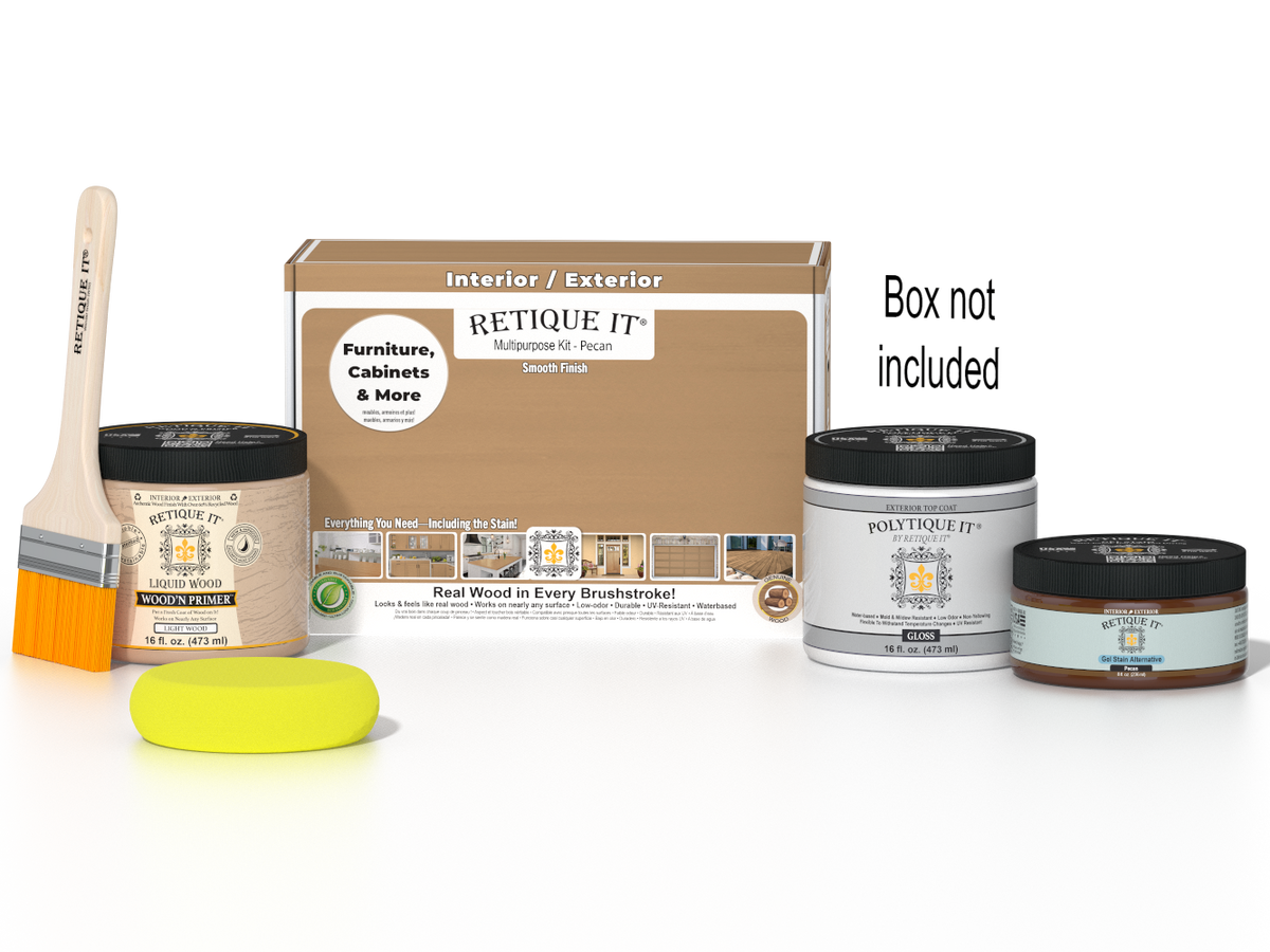 Retique It Pecan Multi-purpose Smooth Finish Kit for exterior wood projects, includes top coat and application tools.