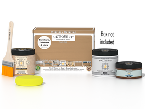 Retique It® Pecan Multi-purpose Smooth Finish Kit for exterior wood projects, includes top coat and application tools.