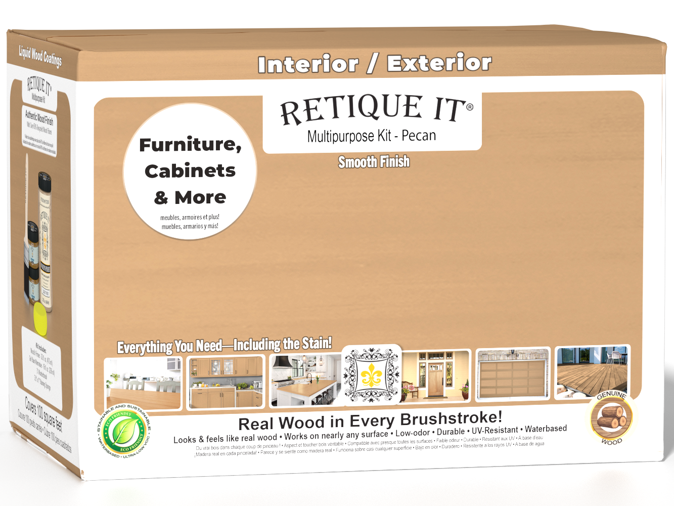 Large Pecan wood finish kit by Retique It® with smooth finish and multiple tools for wood projects.