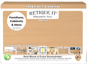 Large Pecan Multi-purpose Smooth Finish Kit by Retique It® for wood exterior top coat in satin, includes tools and materials.