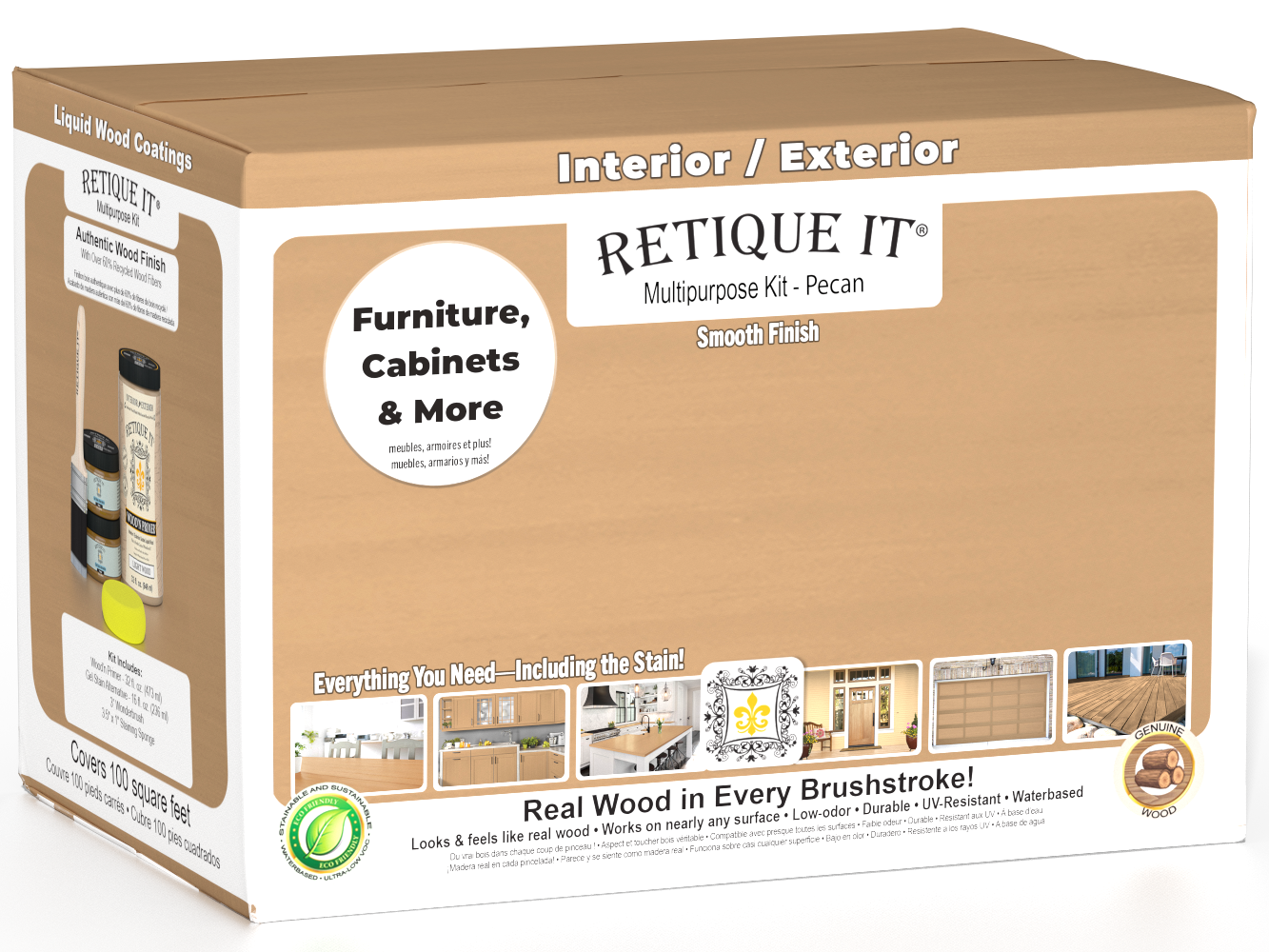 Large Pecan wood finish kit with satin exterior top coat from Retique It®'s Wood'n Finish Kits, featuring smooth, multi-purpose application.