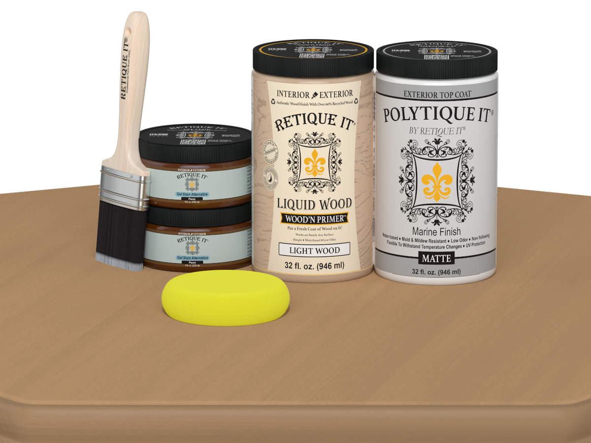 Large Pecan wood finish kit from Retique It® with satin exterior top coat and smooth, matte finish for versatile wood projects.