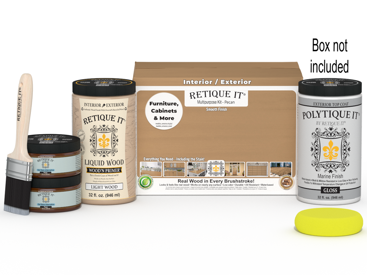 Large Pecan wood finish kit by Retique It with exterior gloss top coat, featuring smooth finish for versatile woodworking projects.