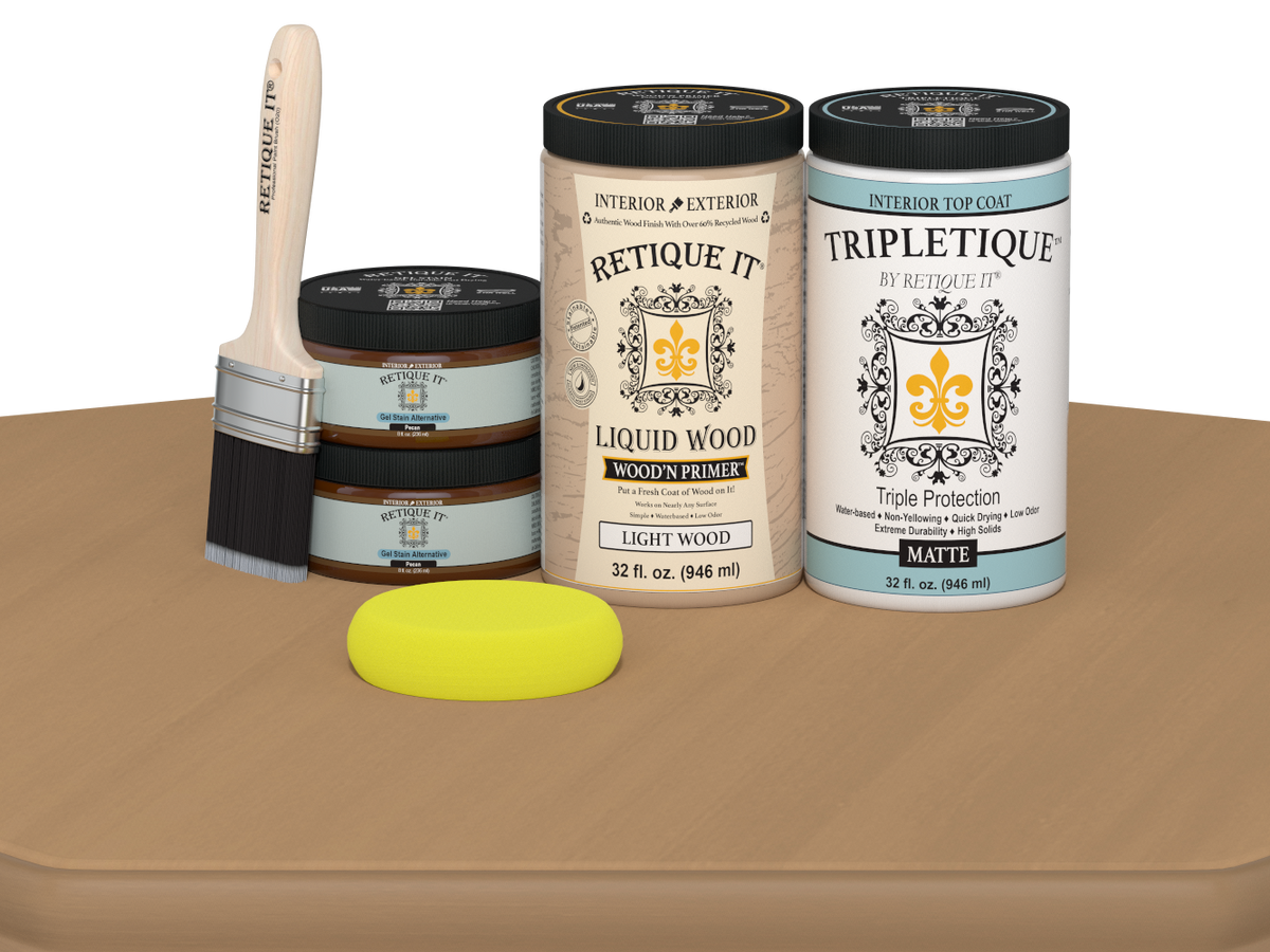 Large Pecan wood finish kit by Retique It® with satin interior top coat, featuring smooth, matte surface on wood sample.