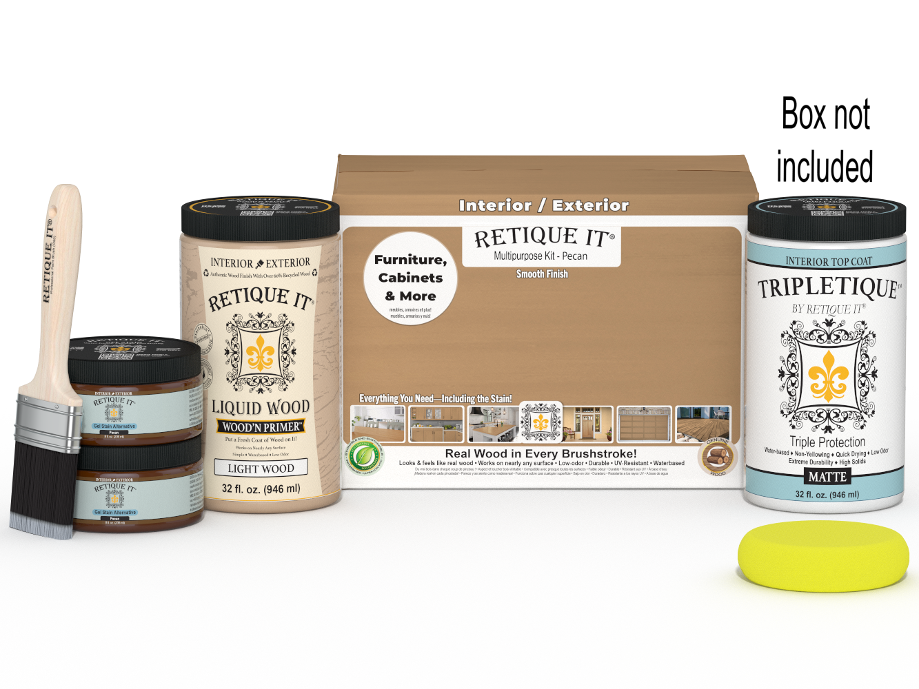 Large Pecan wood finish kit by Retique It® with interior matte top coat and smooth finish for multi-purpose wood projects.